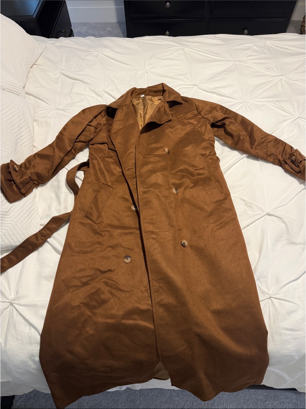 Women's Brown Double-Breasted Faux Suede Trench Coat with Belt Never Worn